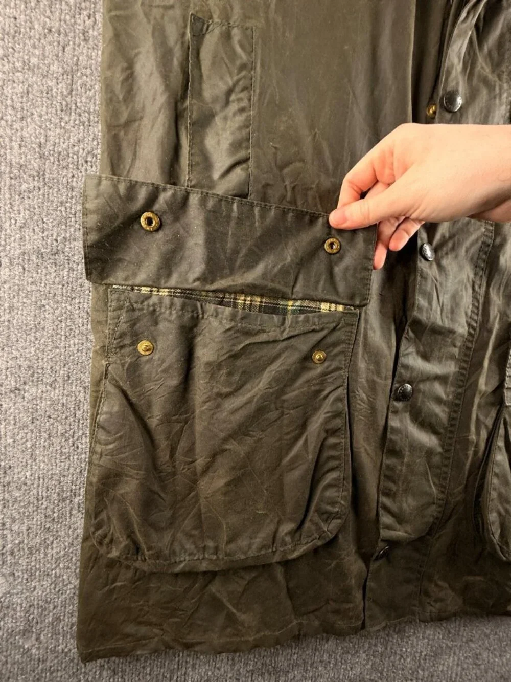 VTG Barbour A200 Border Size 40 Green Waxed Jacket Long Zip Snap Collared 80s